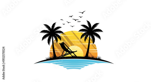 Tropical Sunset Beach Scene with Palm Trees and Lounge Chair.