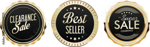 Three gold and black sale stickers on a white background