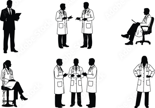 Medical professionals silhouettes, doctors with stethoscopes, healthcare teamwork, consultation, administrator, hospital staff, clinical discussion – flat vector illustration