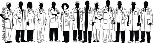 Medical team silhouettes vector illustration, doctors and healthcare professionals, hospital staff icons, teamwork collaboration, health service, care concept - flat vector illustration