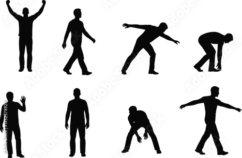 Man silhouette collection with various standing, walking and bending poses, male body language vector illustration isolated on white background for character design