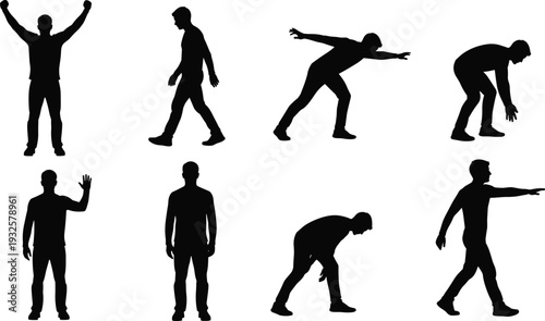 Man silhouette set in various standing and moving poses, male body gestures collection vector illustration isolated on white background for character 