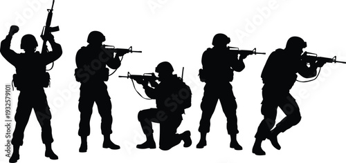 Military soldier silhouette set with rifles in action poses, army infantry team tactical combat vector illustration isolated on white background for security and defense concept