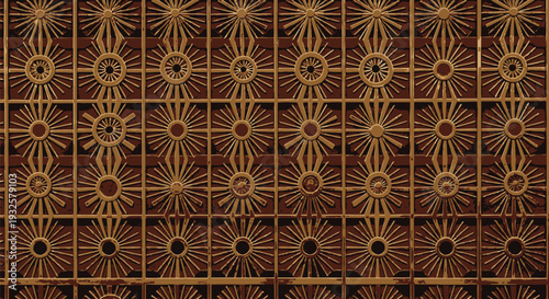 Traditional Yakan Seamless Weaving Pattern from the Philippines Featuring Intricate Geometric Sunburst Motifs in Warm Earth Tones, Authentic Filipino Tribal Textile Fabric Design Inspired by Mindanao 
