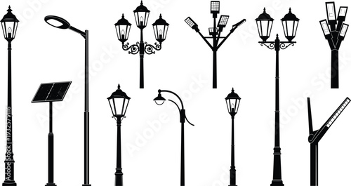 Street lamp silhouettes vector illustration, urban lighting icons, traditional lantern modern solar LED designs, city infrastructure, outdoor environment concept - flat vector illustration