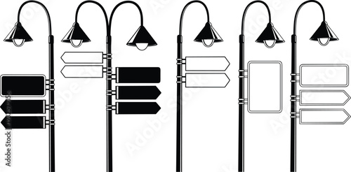 Street lamp silhouettes with directional signs, urban design, signage illustration, navigation symbols, city planning artwork – flat vector collection