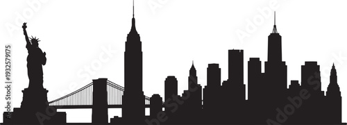 Silhouette skyline of new york city with statue of liberty and brooklyn bridge isolated on transparent background, illustration
