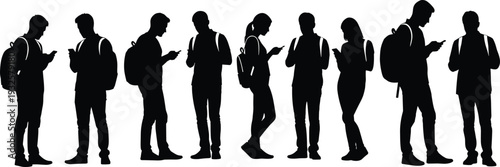 Student silhouettes with backpacks and smartphones, digital dependency, mobile technology, modern youth behavior, social interaction – flat vector illustration