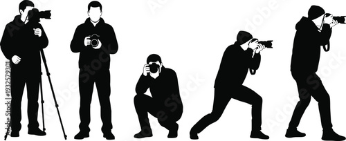Photographer silhouette collection with camera and tripod in various shooting poses, professional photography concept vector illustration isolated on white background