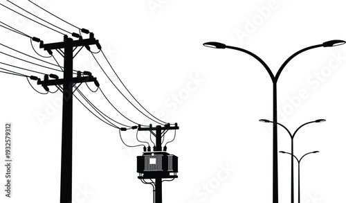 Utility pole and streetlight silhouettes vector illustration, electrical transformer power lines icons, urban infrastructure design, energy distribution concept - flat vector illustration