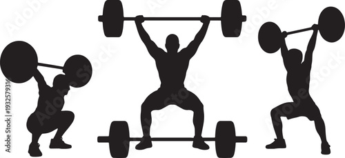 Dynamic weightlifting silhouettes in action isolated on transparent background, illustration