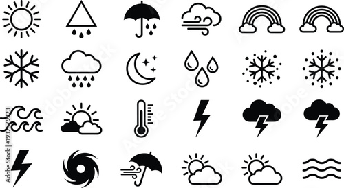 Weather Icon Set Black Outline Symbols Sun Cloud Rain Snow Storm Vector Collection