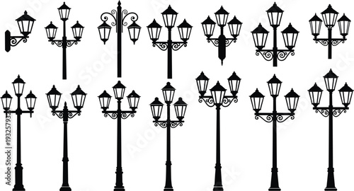 Vintage street lamp silhouettes collection, ornate lanterns, decorative scrollwork, historical design, urban architecture, old‑fashioned lighting – flat vector illustration