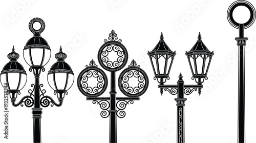 Vintage street lamp silhouettes vector illustration, ornamental lantern icons, wrought iron design, urban lighting architecture, historical style concept - flat vector illustration