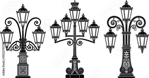 Vintage street lamp silhouettes vector illustration, ornate lantern icons, decorative urban lighting design, architectural style concept, historical city furniture - flat vector illustration