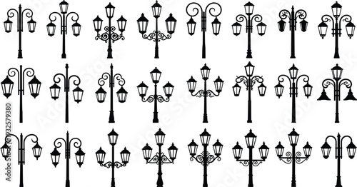 Vintage street lamp silhouettes vector illustration, ornamental lantern icons, decorative urban lighting design, architectural style concept, historical city furniture - flat vector illustration