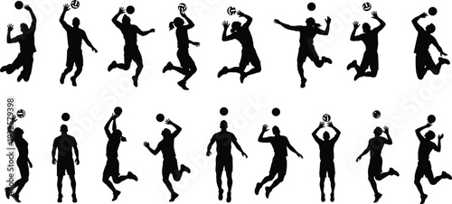 Volleyball player silhouettes vector illustration, dynamic action poses, spiking serving blocking icons, sports fitness, teamwork, athletic lifestyle concept - flat vector illustration