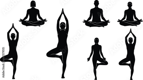 Yoga silhouettes collection, meditation, tree pose, mindfulness, balance, wellness, instructor focal point, spiritual practice – flat vector illustration