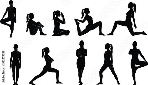 Yoga silhouettes collection, stretching poses, balance, flexibility, meditation, fitness, wellness, strength training – flat vector illustration