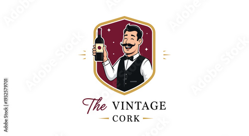 Vintage Cork Man Holding Wine Bottle Logo.