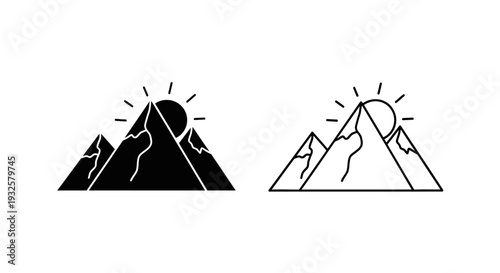 Mountain, peak, silhouette, icon set, black and white, vector graphics