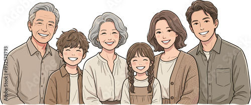 笑顔の三世代家族の集合イラスト（祖父母・両親・子ども）