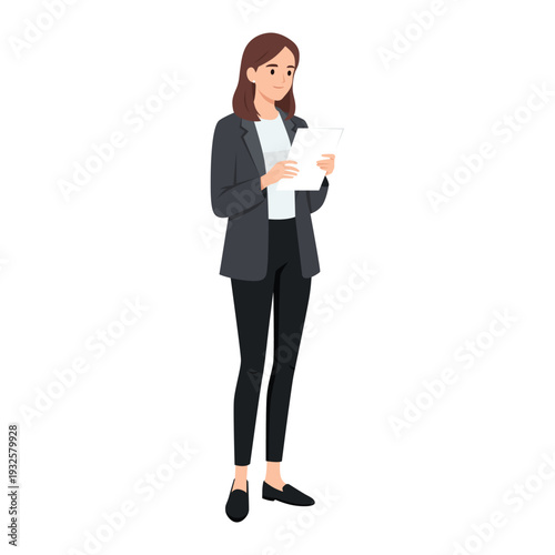 Businesswoman Reading Document. Professional Corporate Review. Flat vector illustration isolated on white background