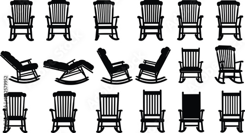 Rocking chair silhouette set in multiple angles and reclining positions, classic wooden furniture vector illustration isolated on white background for interior design