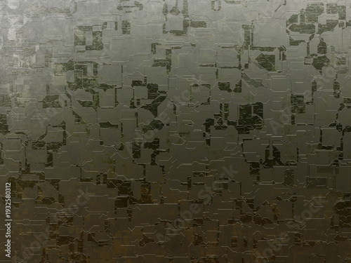 Weathered olive green industrial metal plating with etched details