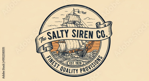 Vintage Salty Siren Company Logo Depicting a Sailing Ship and Provisions.