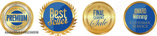Four gold and blue award stickers on a white background