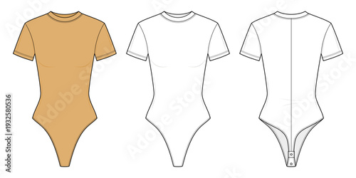 2026 Essential Bodysuit Technical Fashion Illustration. Short Sleeve Leotard Vector Template. Front and Back View. Crew Neck. Form Fitting. Unisex Base Layer. White Color. CAD Mockup.