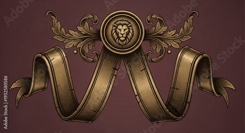 Ornate golden emblem featuring a lions head and decorative ribbon design.