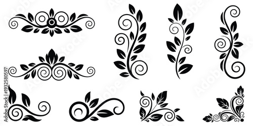 Chinese Ornamental Floral Design Set with Peacock Feathers, Flowers, Leaves and Swirls, Exquisite Luxury Decorative Elements in Black and White, Vinyl Ready Asian Cultural Illustration