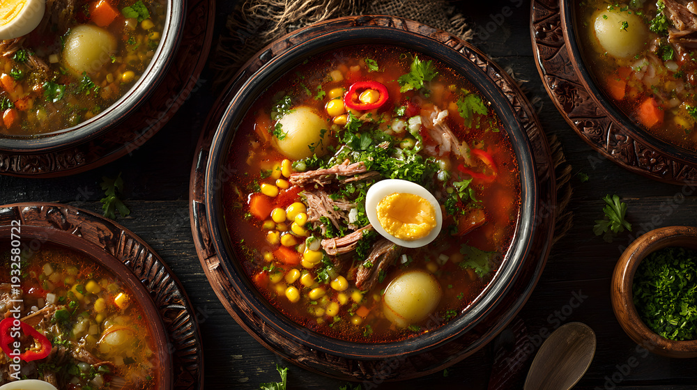 Fototapeta Cachupa soup with meat and vegetables and a boiled egg on a wooden table. Illustration of a traditional Cape Verdean food background.