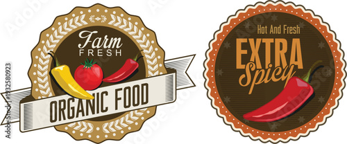 Two circular labels for organic food and extra spicy products