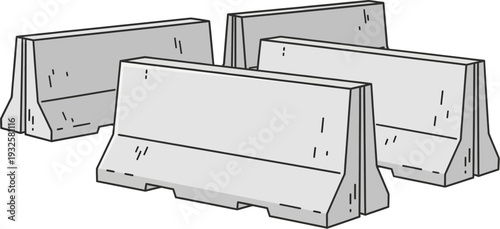 Illustration of four grey concrete barriers, commonly known as Jersey barriers, used for traffic control and road safety.