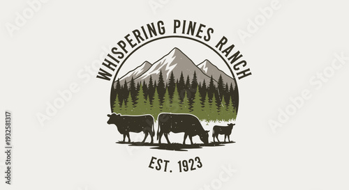 Whispering Pines Ranch Vintage Logo with Cattle and Mountains.