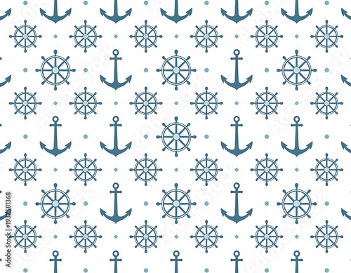 Nautical Pattern with Anchors and Ship Wheels on White Background.