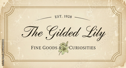 Vintage Gilded Lily Signage Displaying Fine Goods and Curiosities Established in 1928.