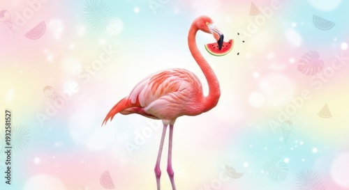 A stylized flamingo eating watermelon against a pastel background with fruit motifs.