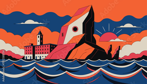 Illustration of Alcatraz island at sunset