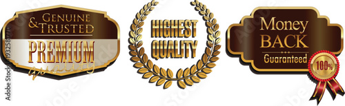 Collection of gold and brown premium quality guarantee badges