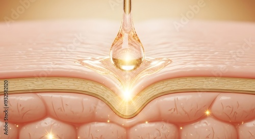 Macro 3D illustration of a golden serum droplet penetrating skin layers for intense hydration