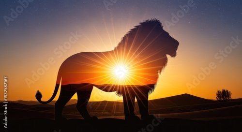 A silhouette of a lion against a sunset backdrop, with the sun's rays creating a radiant effect behind the animal.