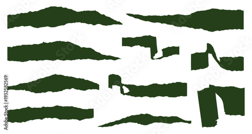 Set of diverse ripped paper edges and abstract green shapes, perfect for graphic design and textured backgrounds.