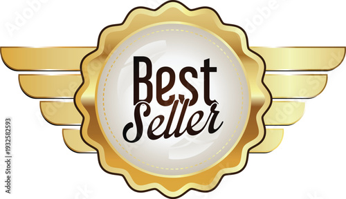 A gold and white best seller badge with wings