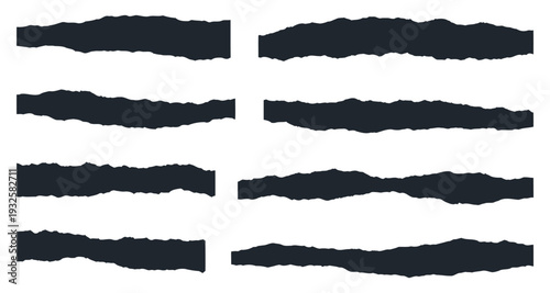 Eight realistic torn paper vector strips with jagged edges. Perfect for grunge designs, backgrounds, borders, frames, and distressed textures.