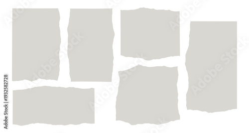 Vector collection of torn paper pieces with rough, uneven edges. Blank grey paper scraps for notes, backgrounds, collages, and creative design projects. Isolated on white.