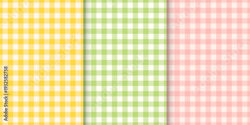 Gingham seamless pattern set. Spring yellow, pink and green backgrounds. Print for tablecloth textile, picnic blanket and napkin. Soft vichy checkered pattern. Vector collection illustration